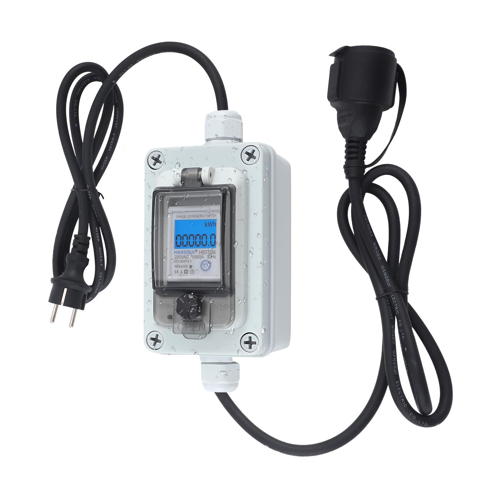Compteur d‘Énergie Mobile IP67 Étanche, Prise CEE 16A, Surveillance de la Consommation en Temps Réel, Mémoire Anti-Coupure, pour Camping-Car, Van & Voiture Électrique, Câble Caoutchouc 3m