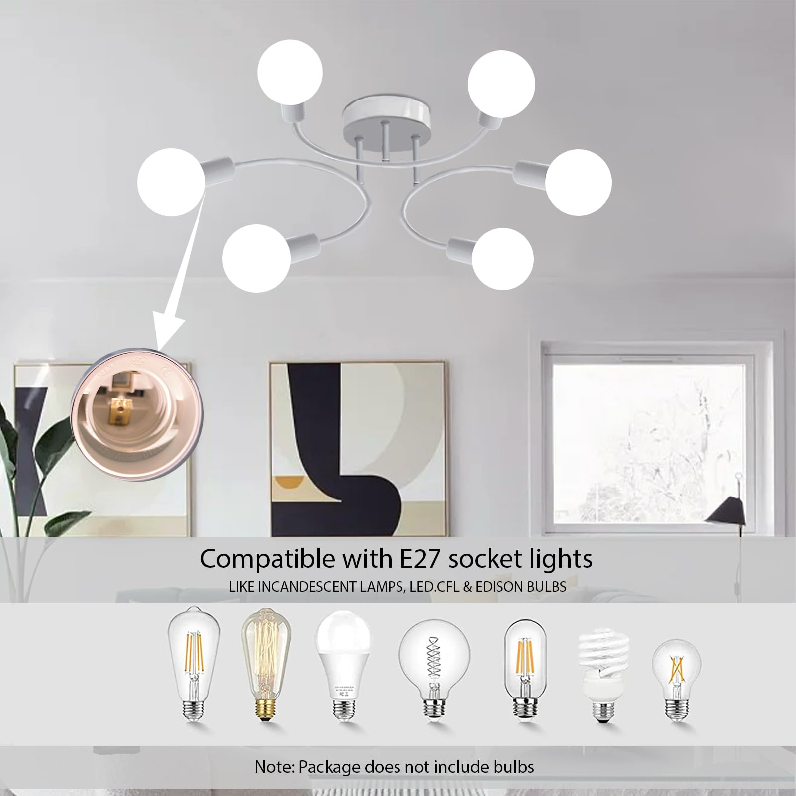 Lampadario Soggiorno Industriale,6 Luci Plafoniera Soffitto Vintage E27,Lampada da Soffitto Bianco, Plafoniera Sputnik per Camera da Letto, Soggiorno, Cucina.Diametro 70CM(Senza Lampadina)