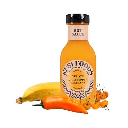 Ají amarillo y plátano, salsa picante Kusi Foods, Aderezo Gourmet, Sabor Andes, Ingredientes naturales, sabor a andes antiguos, 50 días de