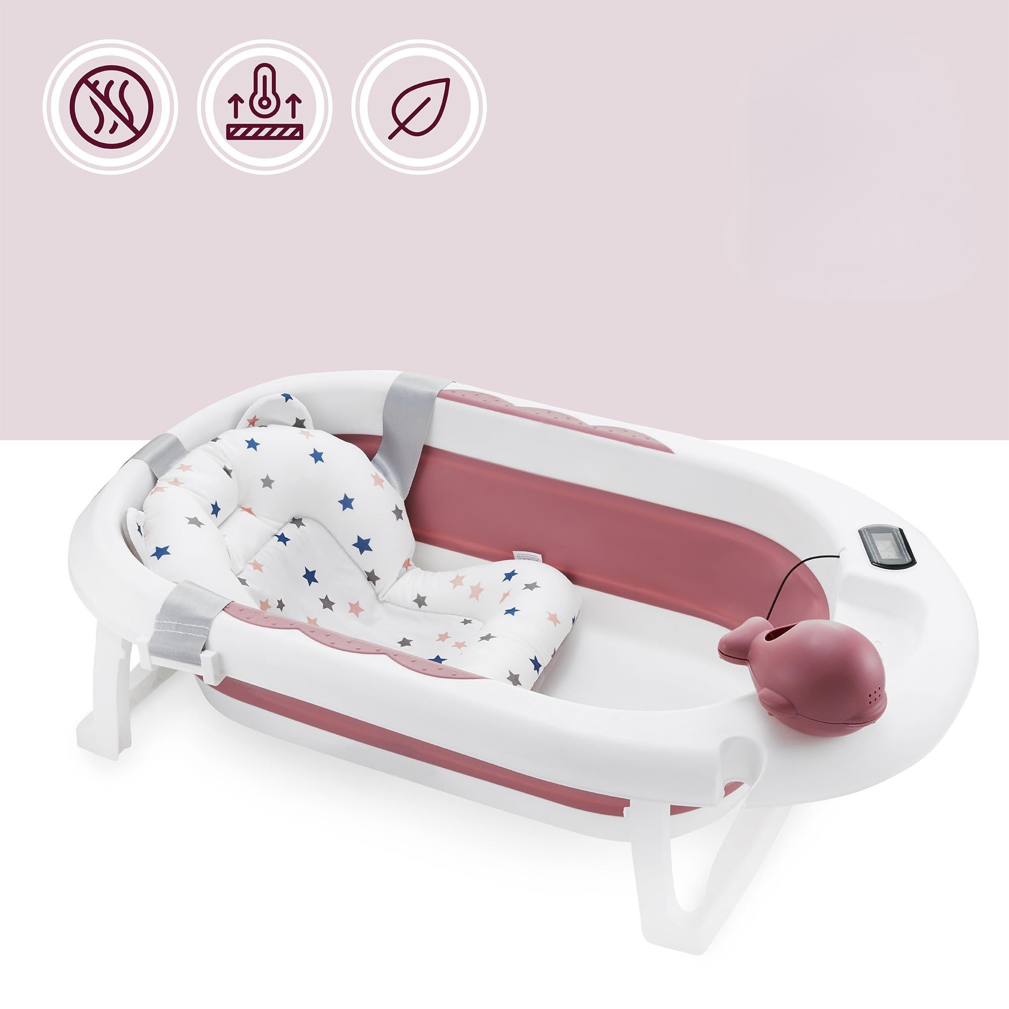 Moby-System Bañera Bebé Plegable con Termómetro LCD Incluye Inserto Soporte Alto y Bajo Vasito de Ballena – Compacta y Segura desde Recién Nacido – Rosa Empolvado
