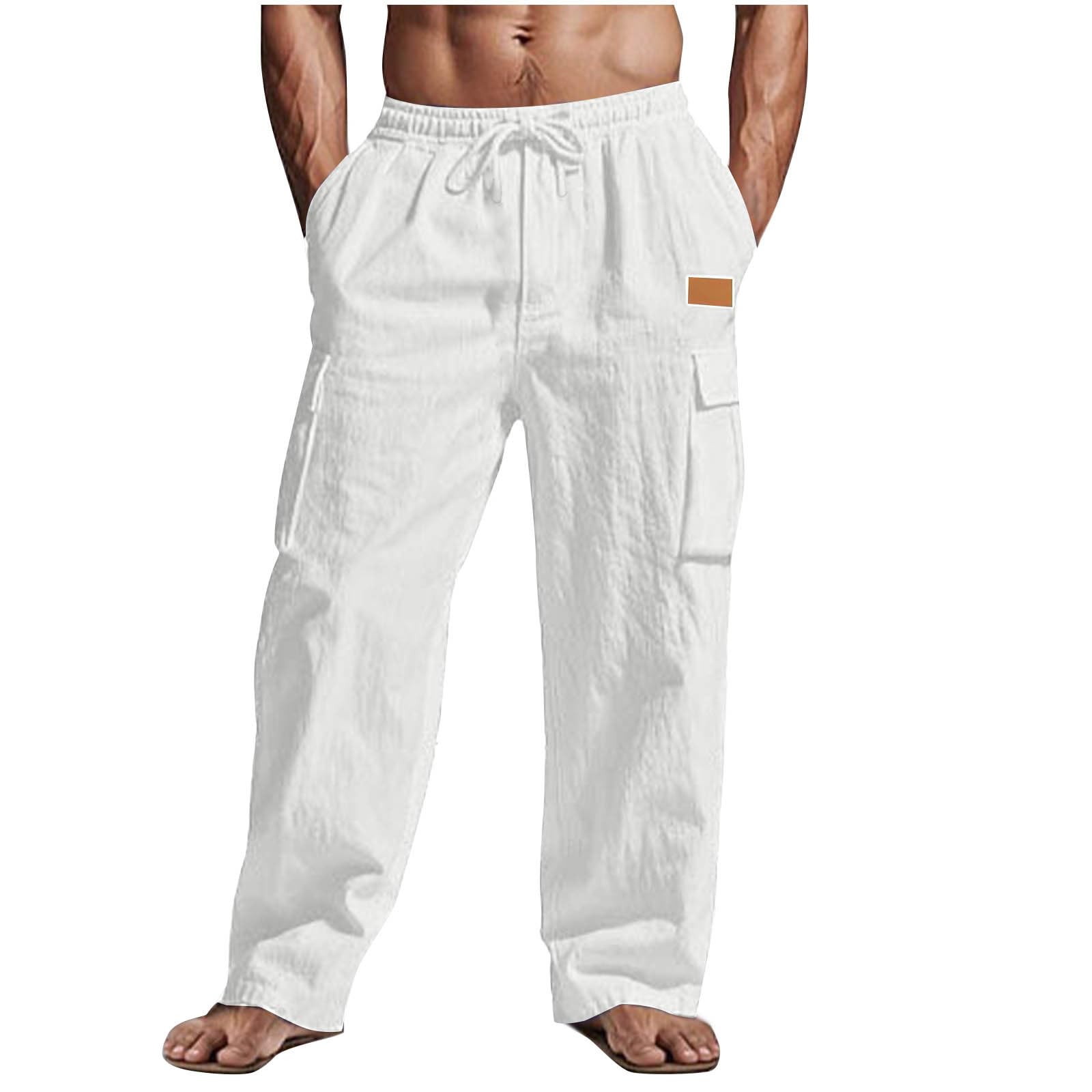 Mens Linen Pants Casual Beach Summer Cotton Pant Elastic Waist Drawstring Lightweight Comfy Trousers with Pockets
