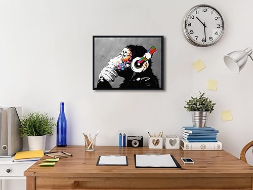 Miniatura 3 de Wieco Art Marco Negro Mono con Auriculares Banksy Arte de Graffiti Abstracto Pinturas en Lienzo Impresiones Arte de Pared en Lienzo de Animales para