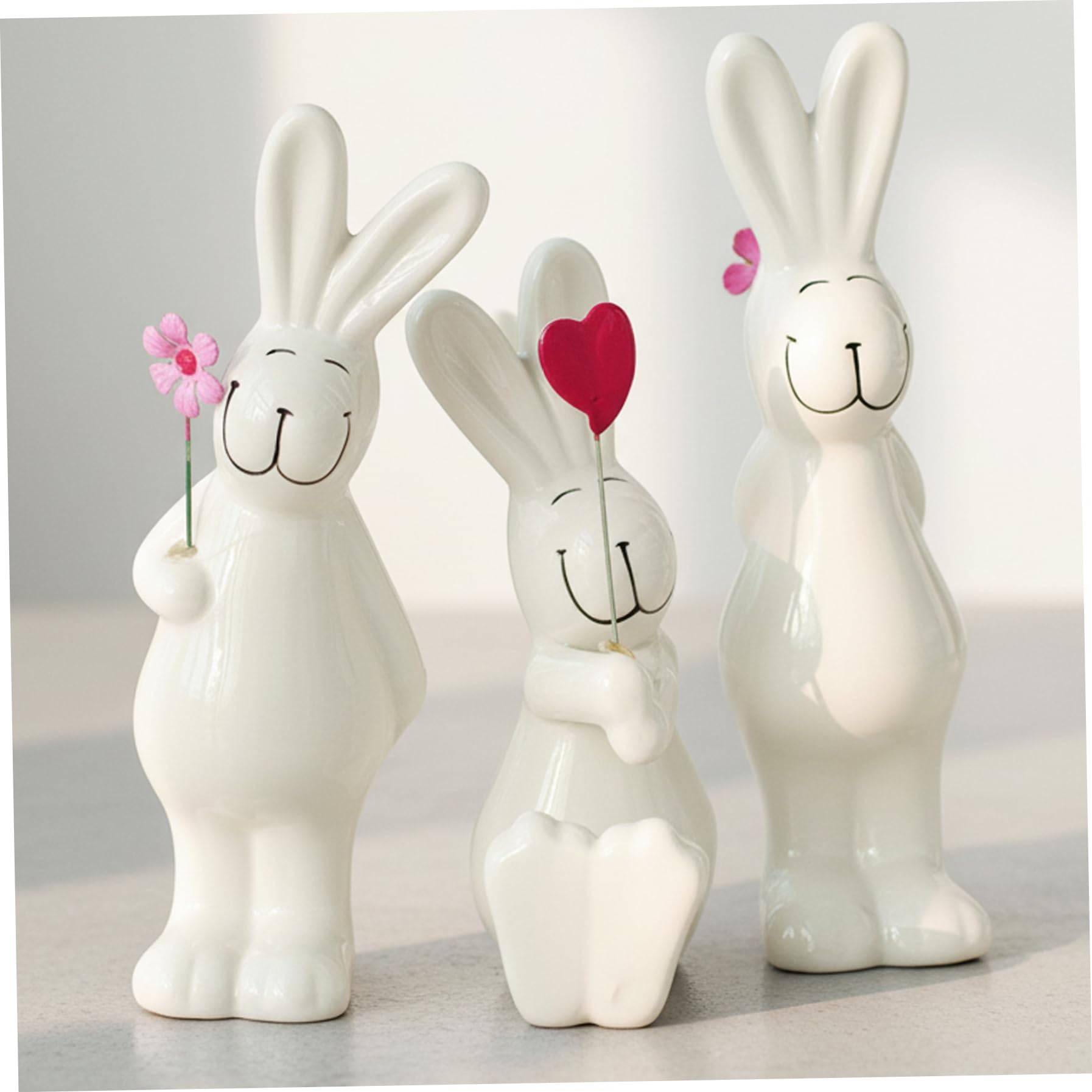 Lawnrden White 3Pcs Bunny Rabbits Easter Bunny Figurine Porcelain Modern Art Home Decoration, Statues For Spring Home Decor, Easter Decorations Rabbit Figurines