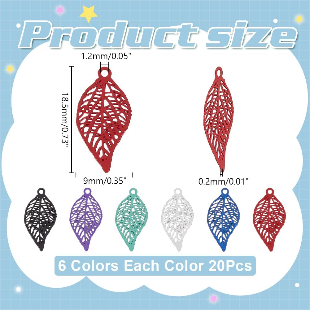 WADORN 120Pcs 6 Colors Rainbow Thin Leaf Filigree Charms, Multi-Color Stainless Steel Leaves Pendants Etched Hollow Leaf Bulk Metal Embellishment for DIY Jewelry Bracelet Necklace Earrings Crafts - Image 5