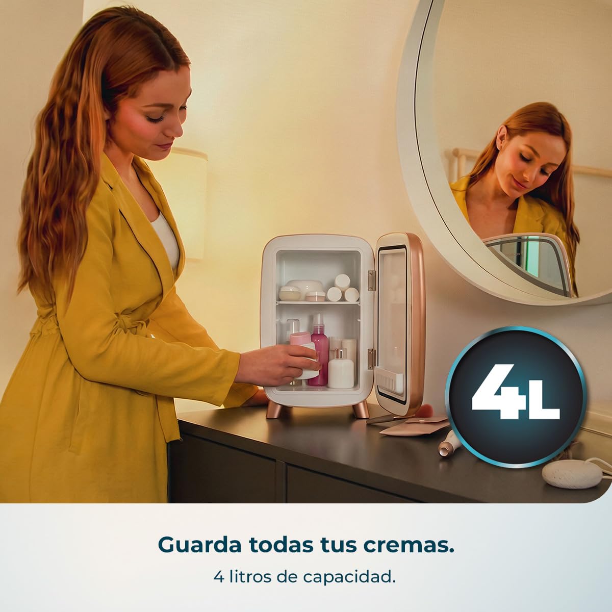 Cecotec Nevera Pequeña de Cosméticos 4L con Espejo CoolingBeauty 4000 Mirror Rose. Luz LED con 3 Intensidades, Hasta 5ºC de Enfriamiento, Asa Superior, Bajo Ruido, Incluye un Estante Interior - 3