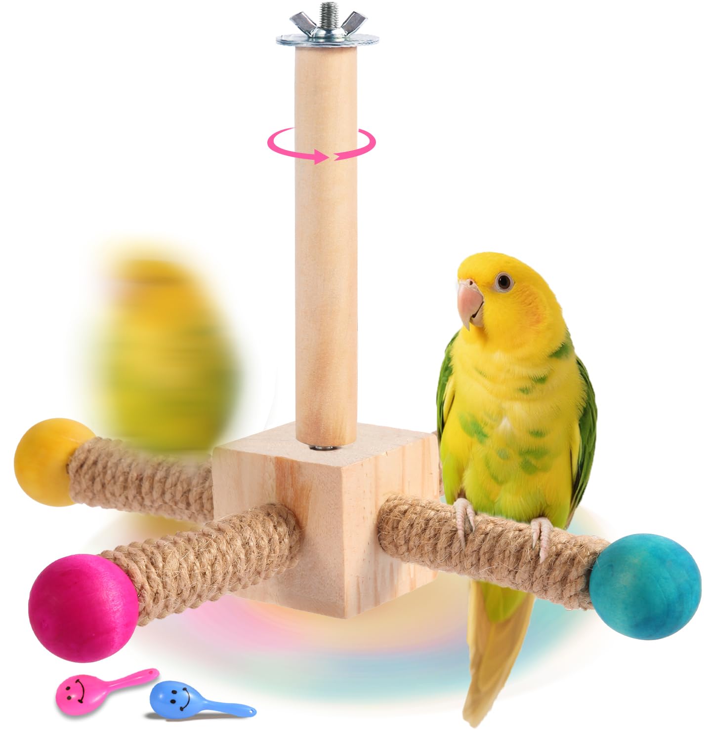Kyouki Bird Perch Toy - Suitable for Small & Medium Parrots: Conures, Cockatiels, Lovebirds, Parakeets, Quakers, Caiques, Pionus | 360° Spinning Stand
