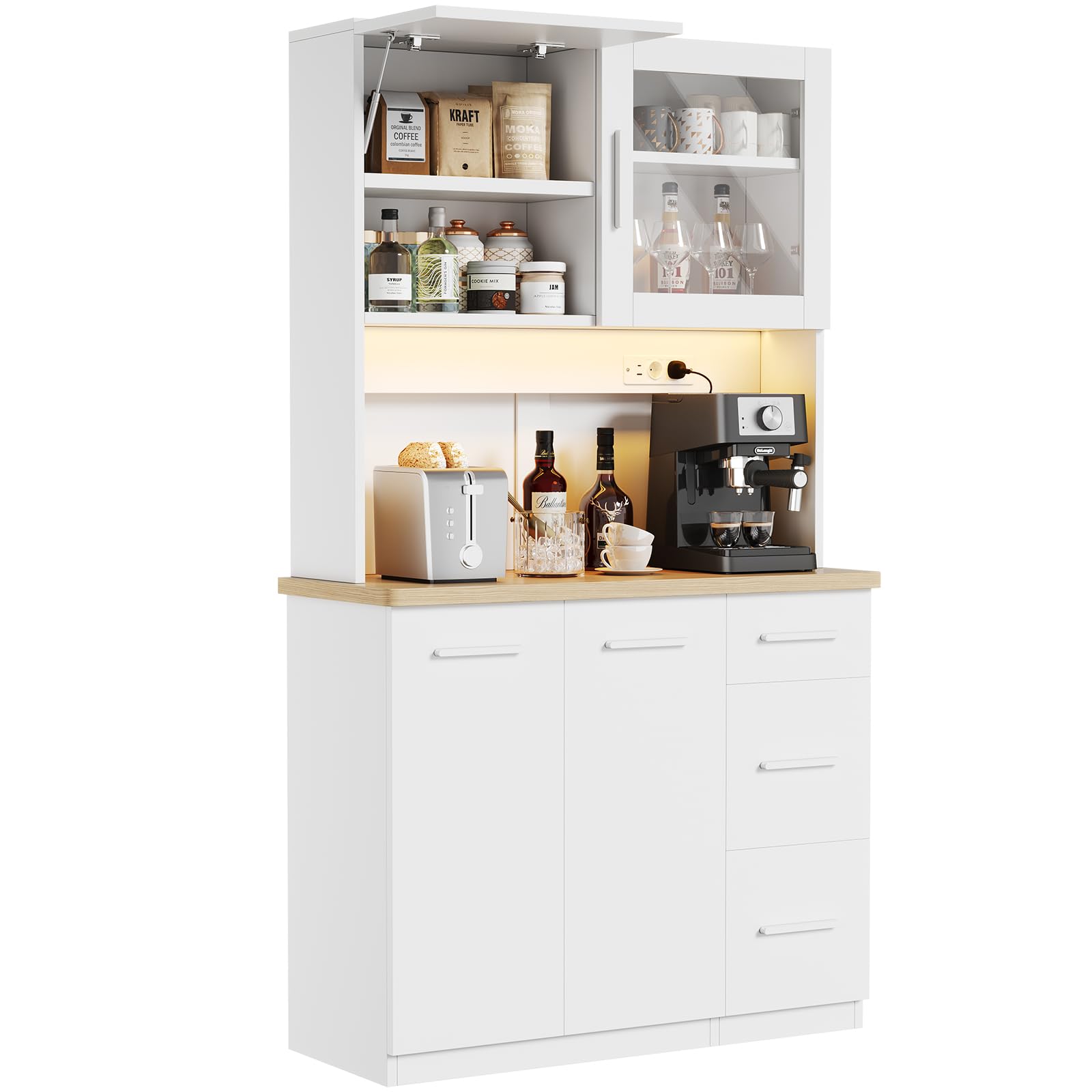 Devoko Mobile da cucina, credenza, armadio alto con prese di corrente e strisce LED 3000 K, con piano di lavoro da 24 mm, ripiani regolabili, 3 cassetti, 100 x 40 x 182 cm (Bianco)