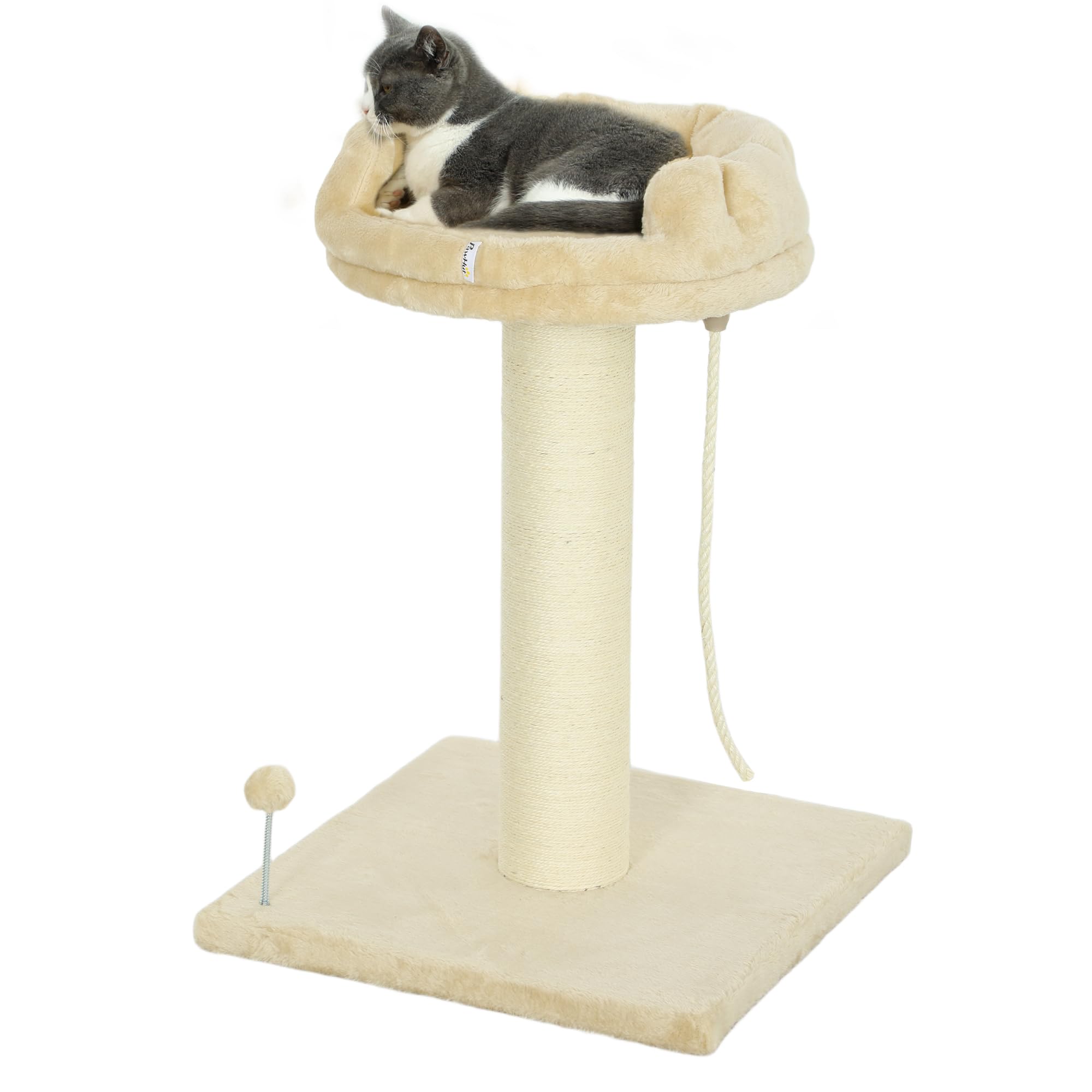 PawHut Árbol Rascador para Gatos Mini de 2 Niveles 55x55x83 cm Beige | Mini Árbol para Gatos, Plataforma, Bola con Muelle, Cuerda Colgante, Poste de Sisal