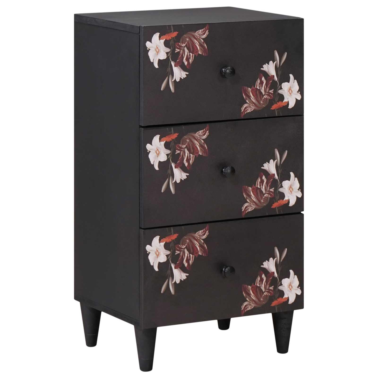 Stauraumschrank aus massivem Mango-Holz 40 x 33,5 x 75 cm, mehrfarbig mit floralem Muster, Tür und Schublade, vielseitiges Sideboard für Wohnzimmer, Medien, DVD, Vinyl und Gaming Zubehör
