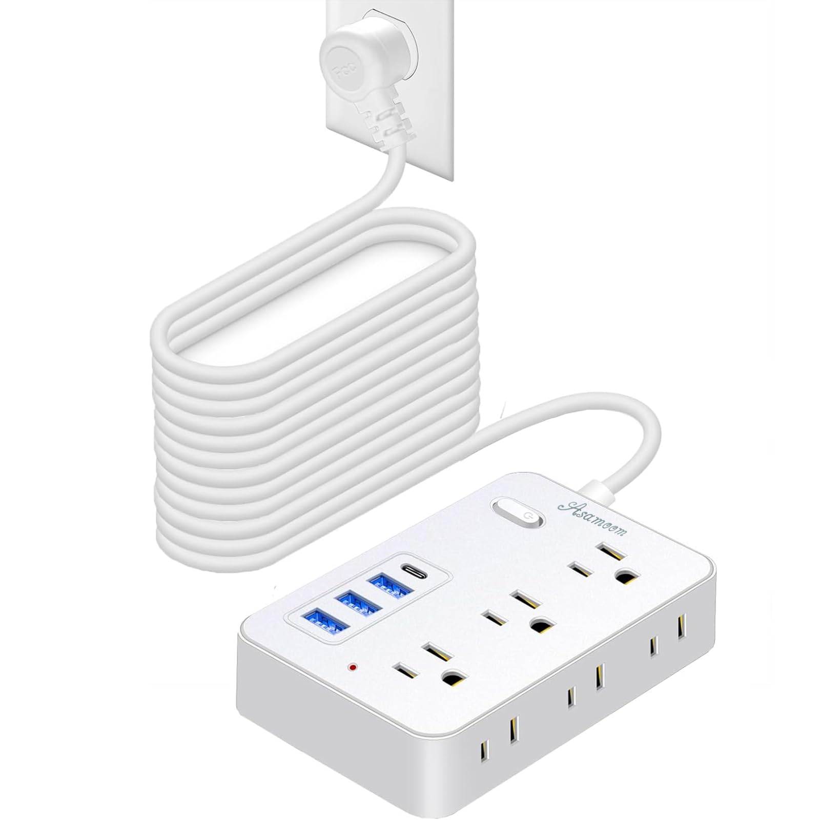 15 FT Extension Cord with Multiple Outlets, Asamoom 15 ft Surge Protector Power Strip with 6 Outlets with 4 USB Ports(1 USB C)?Flat Plug with Long Cord 1700 Joules Protection for Home Office White