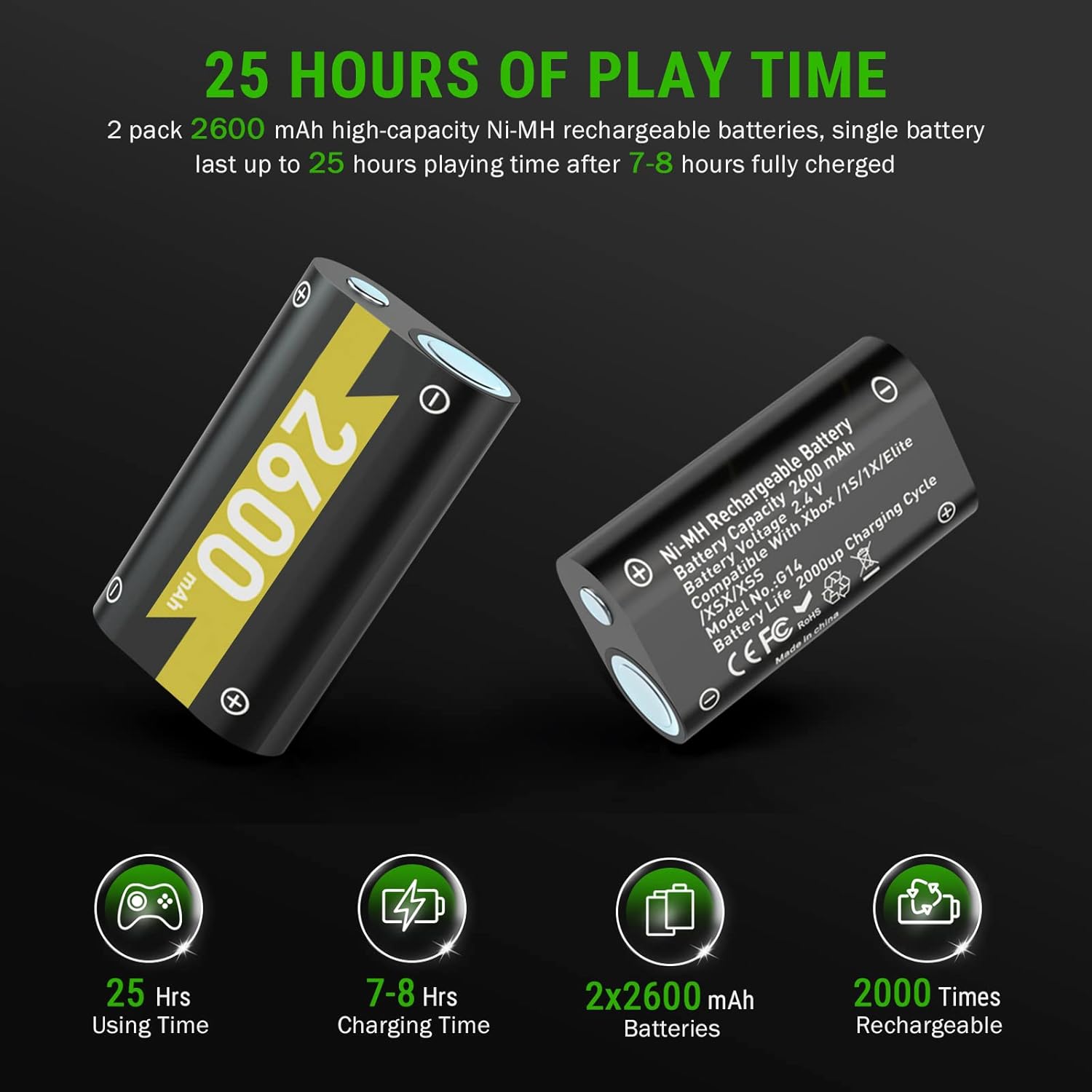 Noiposi Controller Rechargeable Battery Pack for Xbox One and Xbox Series X|S, 2 Pack 2600 mAh Xbox One Controller Battery Pack with Charger Set for Xbox One/S/X/Elite and Xbox Series X|S Controller