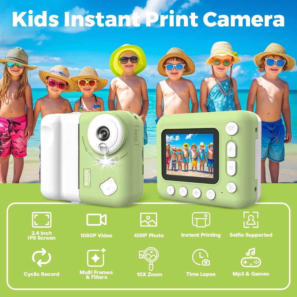 Camnoon Kids Instant Print Camera 1080P Digital Camera for Kids 2.4 Inch IPS Screen 10X Zoom with Thermal Printing Paper Color Pens Neck Strap 32GB TF Card Birthday Festival Gift for Children