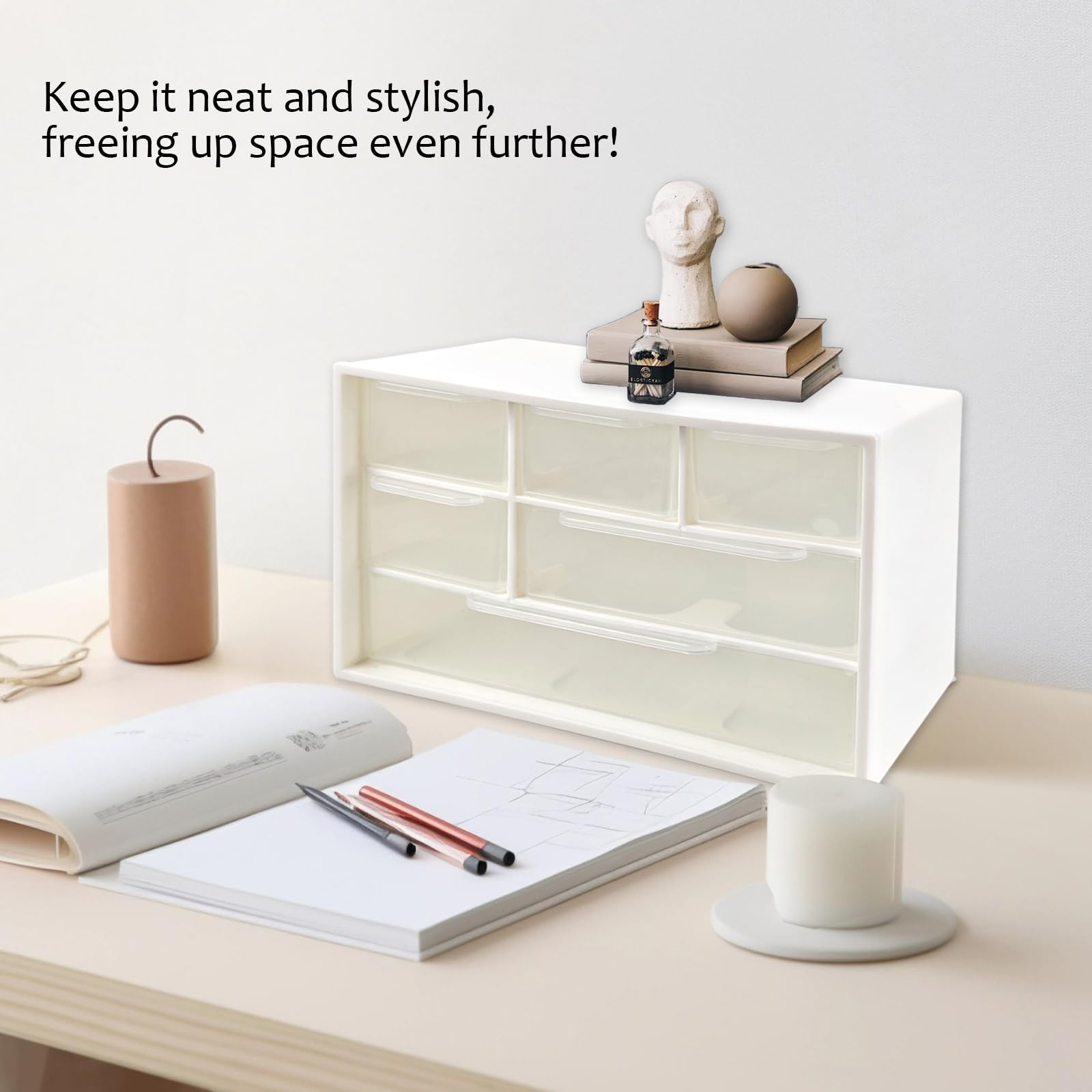 Nirvany Mini organizer da scrivania con 6 cassetti trasparenti, piccola scatola portaoggetti in plastica per ufficio, aula, artigianato e organizzazione della scrivania di casa (17,8 x 9,9 x 11,9 cm)