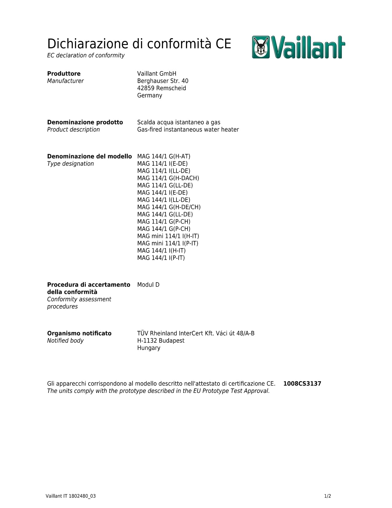 Calentador de gas Villant modelo ATMOMAG MINI 114/1 GPL