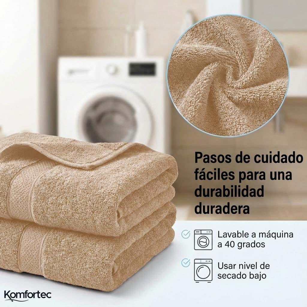 Komfortec Juego de 8 Toallas 100% Algodón | 4 Toallas de Baño 70 x 140 cm y 4 Toallas de Lavabo 50 x 100 cm – Juego de Toallas Suaves y Absorbentes – Marrón / Beige