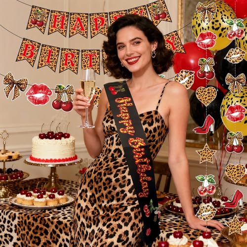 Image of Cheetah Print Birthday Decorations, Leopard Party Decorations Set - Animal Print Happy Birthday Banner, Sash, Hanging Garland & Balloons, Sassy Bday Party Decor for Girls Women