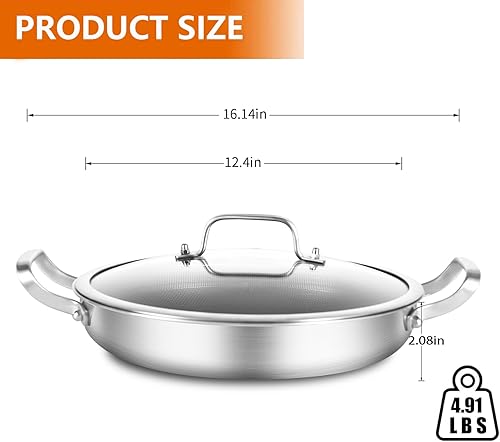 Miniatura 3 de DELARLO Paella de tres capas de acero inoxidable de 12 pulgadas, sartén grande antiadherente, sartenes profundas Hybird de 12.5 pulgadas, inducción,