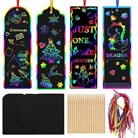 AUGSUN 96 Set Magic Scratch Rainbow Bookmarks Making Kit for Kids Students Christmas Party Favor Scratch Paper DIY Bookmarks Bulk with Bamboo Stylus (Regular) Cover