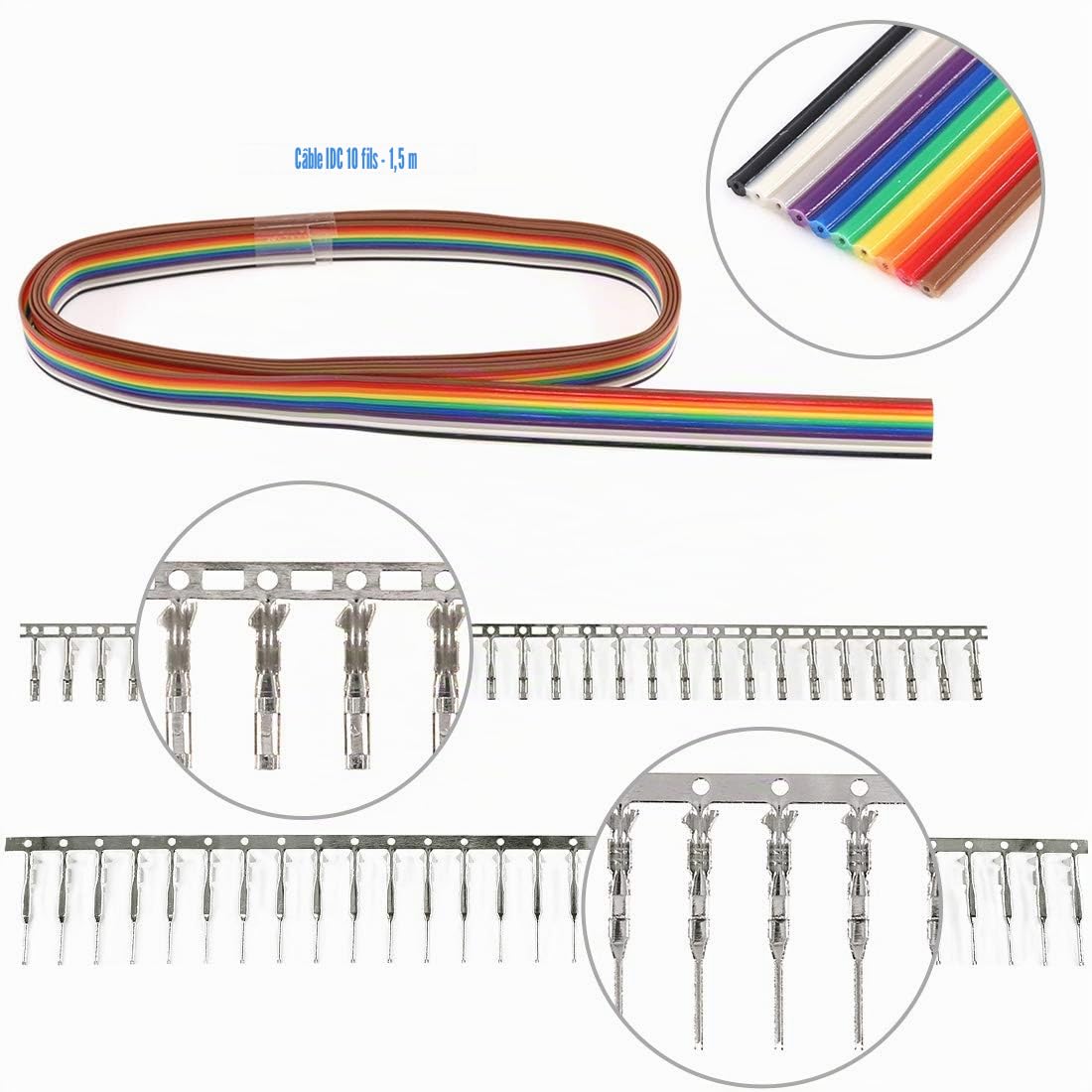Glarks Lot de 635 connecteurs mâle/femelle, 40 broches, pas de 2,54 mm et 10 câbles plats IDC de couleur arc-en-ciel