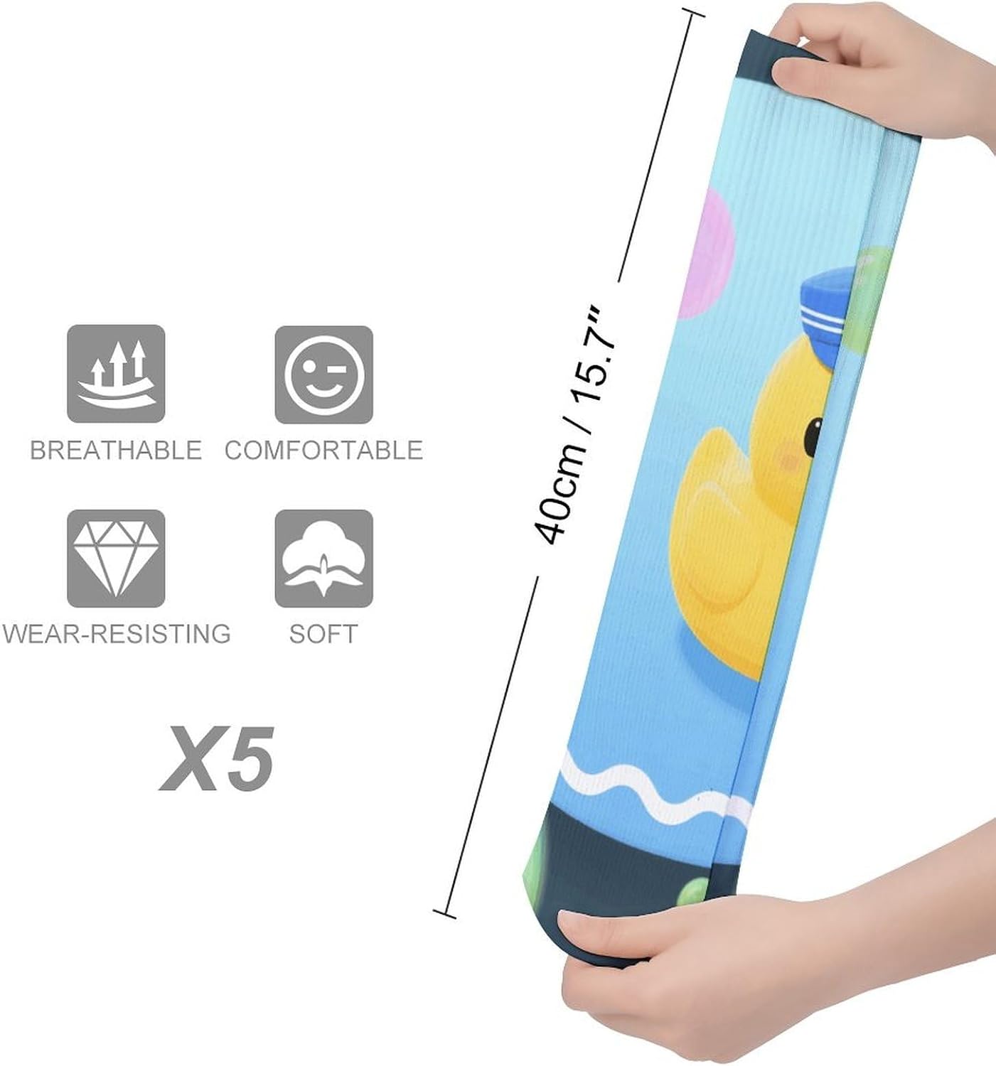 5-Pack Knee High Socks, 15.7 Inch Breathable Casual Socks Yellow Duck And Bubble Pattern Stockings for Men Women