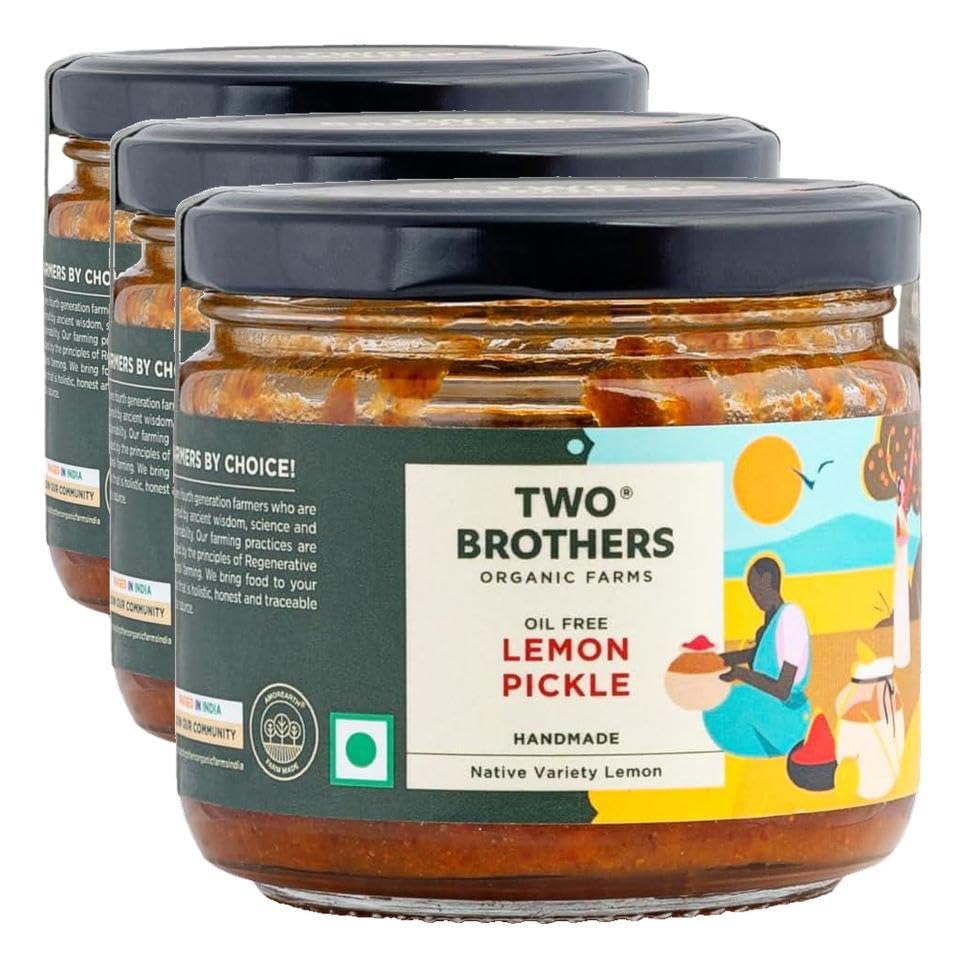 Image of Two Brothers Organic Farms Lemon Pickle Sweet and Sour (300g) | Oil Free & Vinegar Free Lime Pickle | Handmade, Fresh with No Artificial Preservatives (Pack of 3)