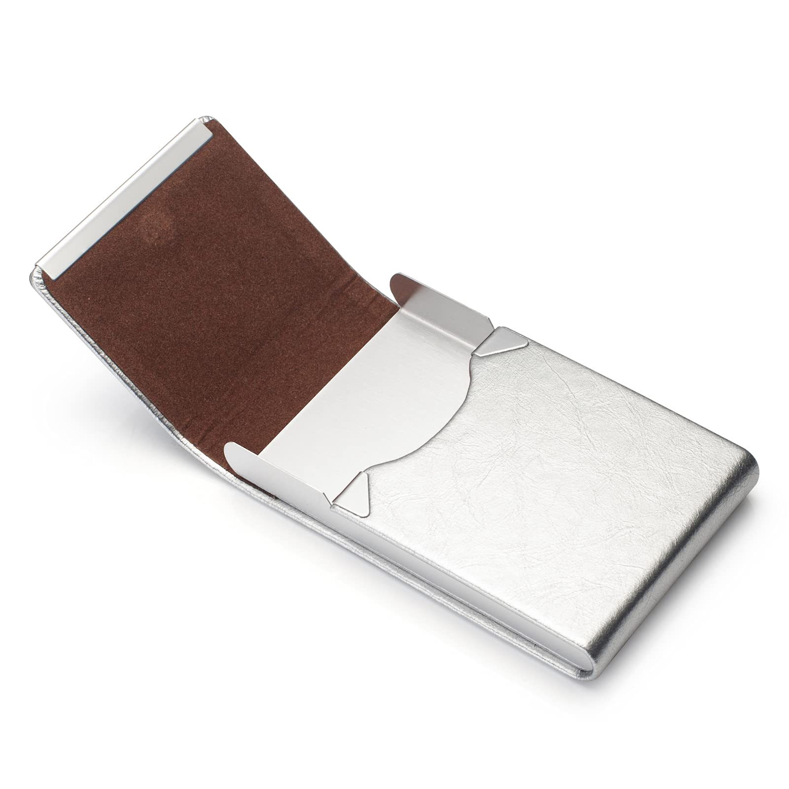 Visitenkartenhalter, Luxus Mikrofaser Leder Visitenkartenetui, Metall Kartenhalter Tasche, Slim Namenskartenhalter, Visitenkartenhalter Brieftasche für Damen & Herren mit Magnetverschluss (Silber)