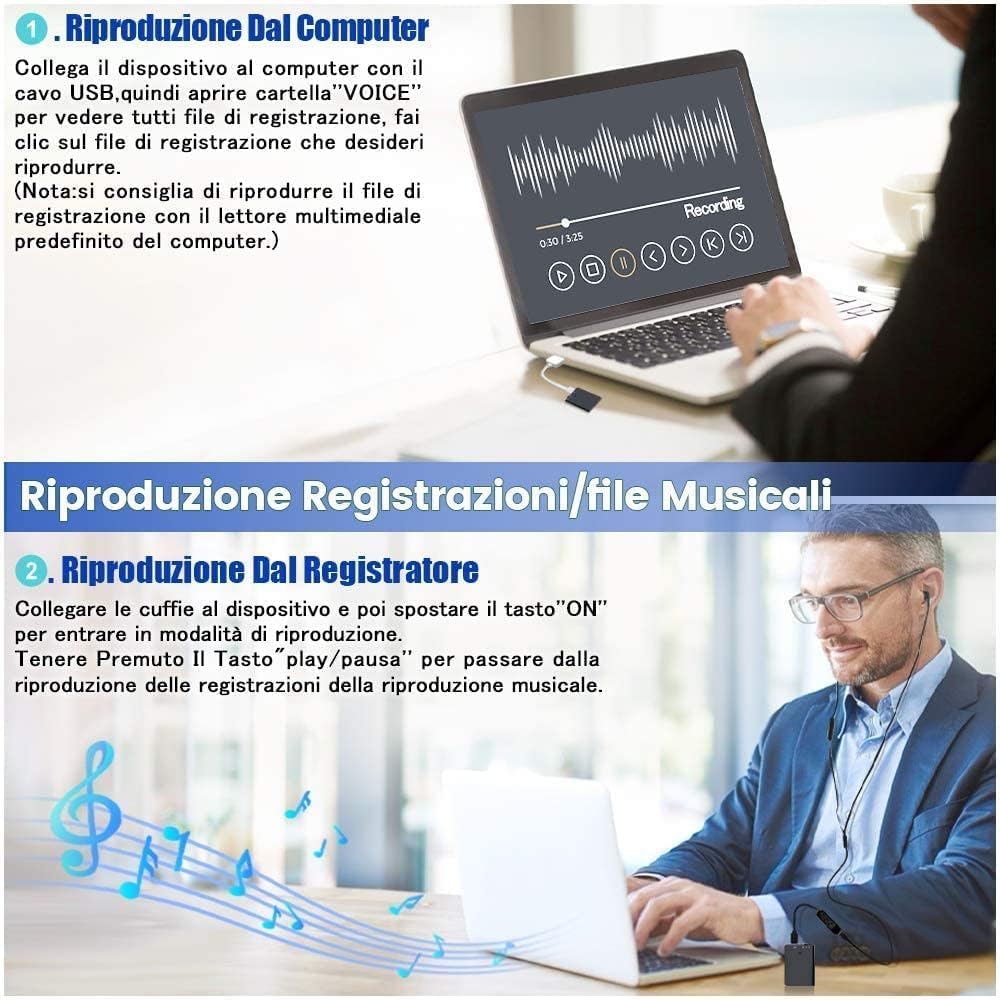 16GB Registratore Vocale, Capacità di Registrazione di 192 Ore, Registratore Vocale Professionale con Attivazione Vocale e Funzione MP3, Mini Registratore per Lezioni, Riunioni, Interviste
