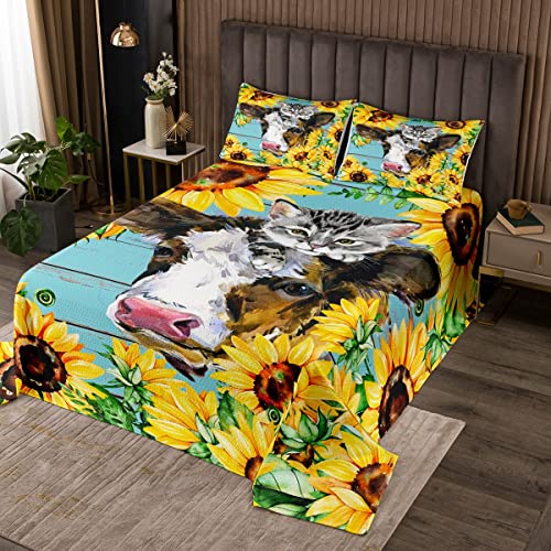 Juego de colcha de vaca de acuarela, tamaño individual, girasoles amarillos acuarela, colcha de animales de gato lindo para niños y adolescentes, regalo de tablero de madera azul, acolchado con 2