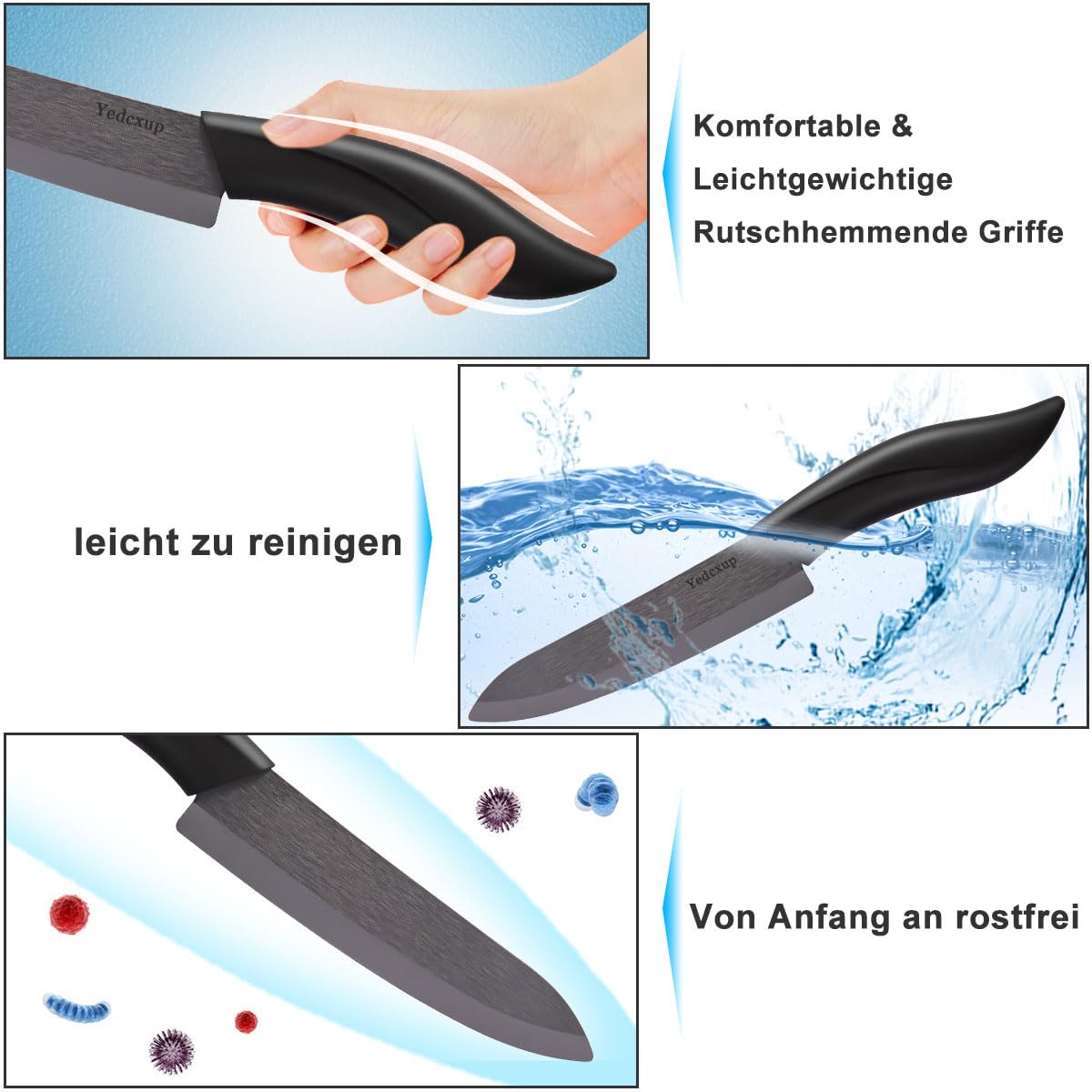 Coltello in ceramica da cucina – 4 coltelli in ceramica (6" Chef, 5" Utility, 4" Frutta, 3" sbucciata), taglienti, coperture protettive, non arrugginiscono, nero