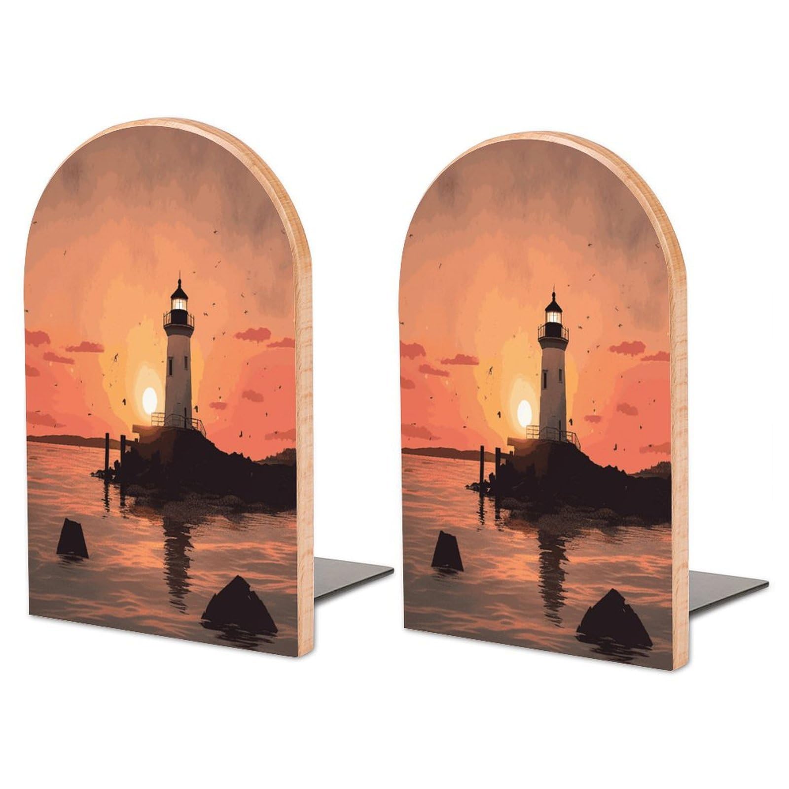 Lighthouse Sunrise Bookend for Shelves Wooden Book End Large Size Sturdy Book Holders Stoppers with Metal Base for Bookshelves Slick Decorative Bookends Stands