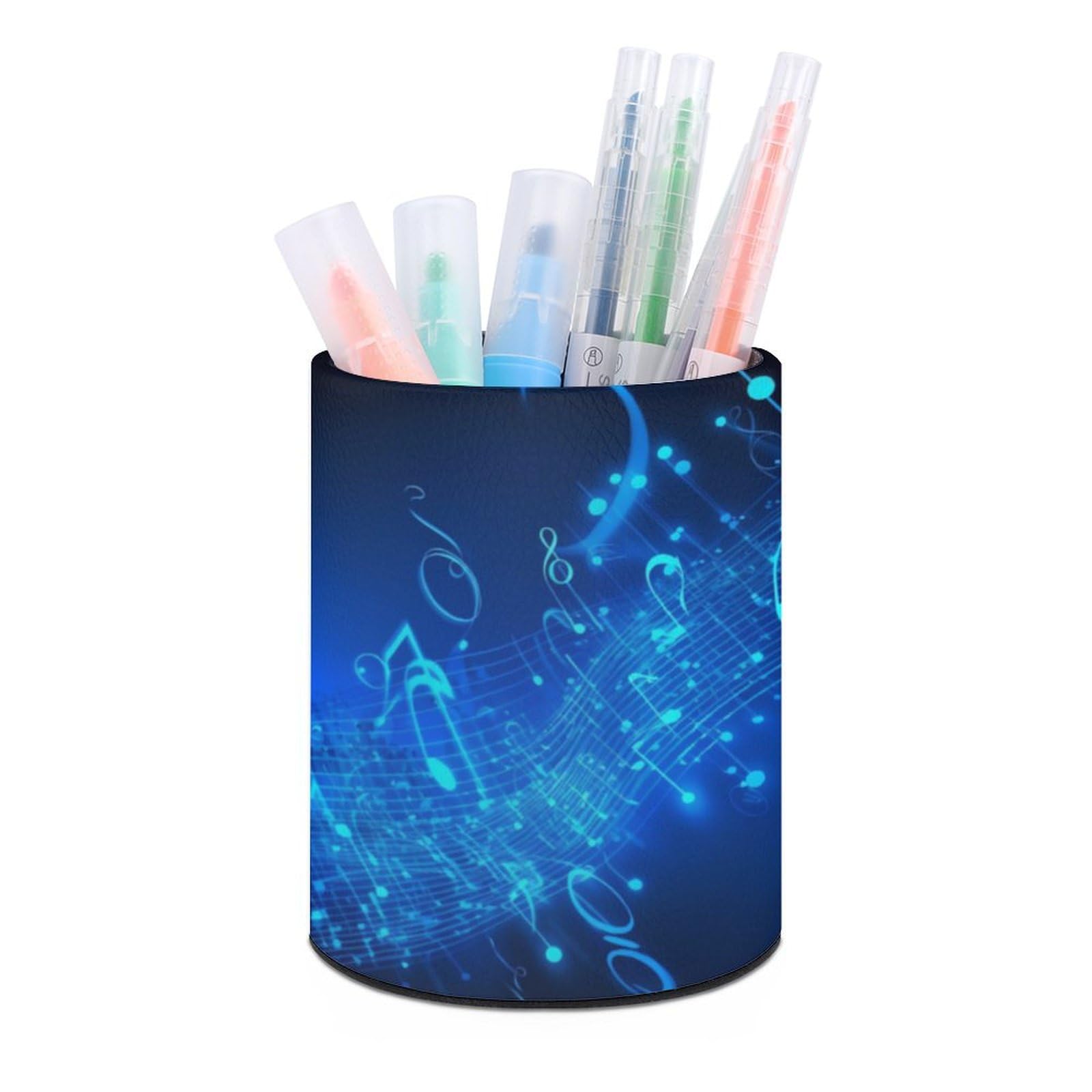 JTREHY Round Pen Holder,Blue Musical Notes Printed Makeup Brush Storage Box Desktop Stationery Storage Cup Office Accessories Storage Box Pencil Storage Box for Home Office Dressing Table