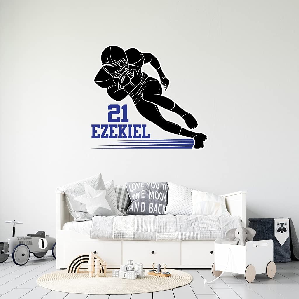 Custom Football Player Wall Decal - Personalized Name Football Player Wall Decor - Name & Number Sport Player Sticker - Wall Decor for Home Kids Bedroom (Wide 30x30 Height)