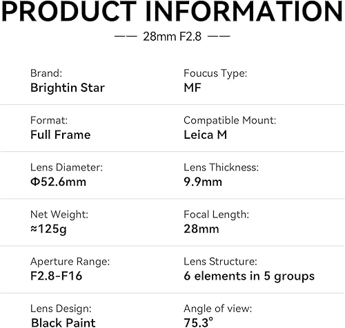 Miniatura 2 de Lente de enfoque manual de marco completo F2.8 de 1.102 in para montaje Leica-M, lente de cámara compatible con M2 M3 M4 M5 M6 M7 M8 M9 M9P M10 M262