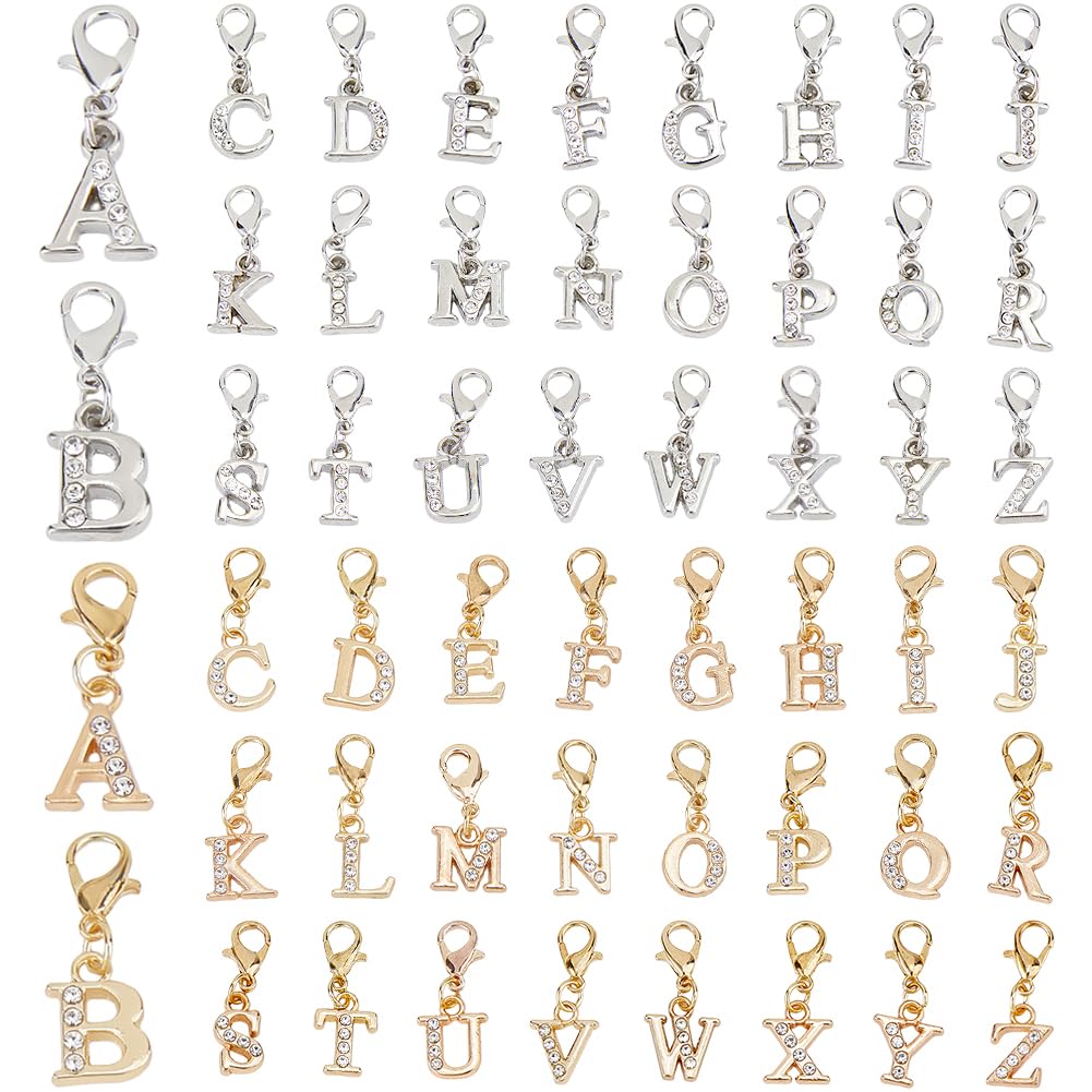 SUPERFINDINGS 52Pcs 2 Colors Alphabet Charms Alloy Rhinestone Pendant Clip On Charms Golden Silver Letter A-Z Charm with Lobster Claw Clasps Zipper Pull Charm for Party Wedding Gift Decoration