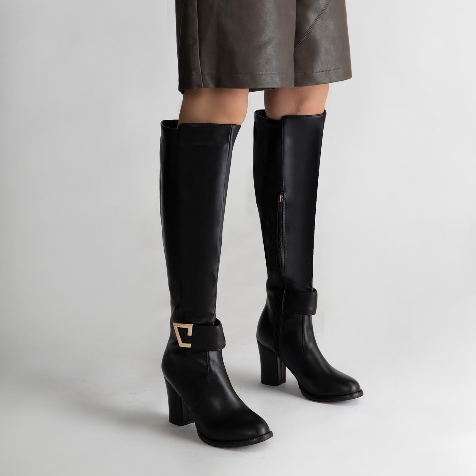 Onewus Bottes pour Femmes avec Talon Carré et Bottes à Tige Longue Zippée