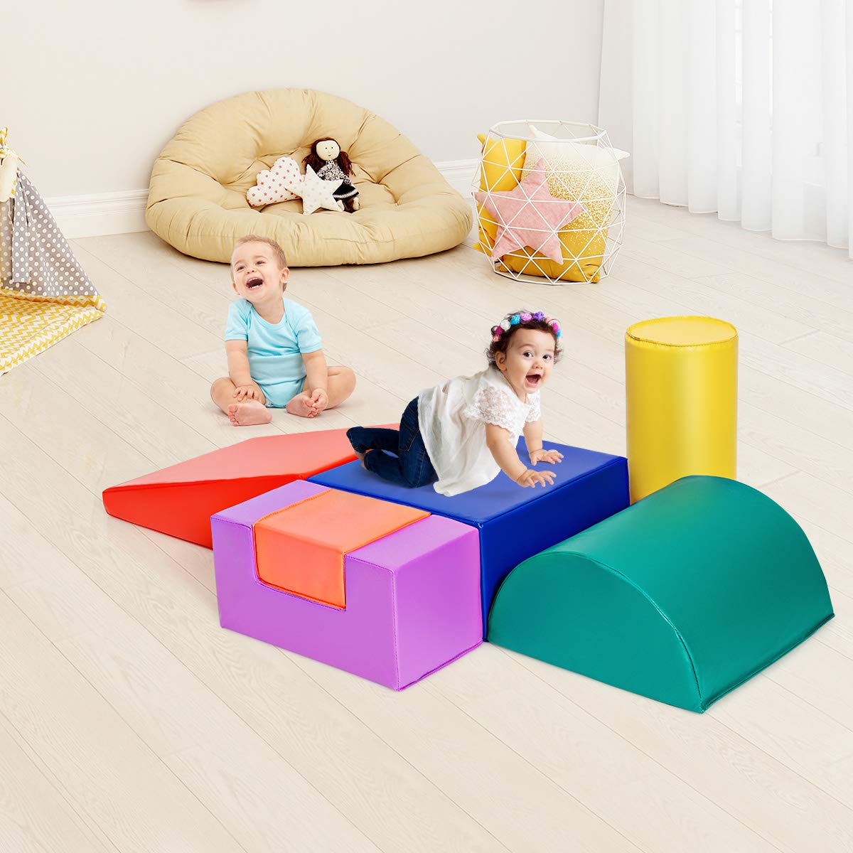 GOPLUS 6 Pcs Parcours Motricité Bébé, Module Motricité Bébé en Mousse, Jouets Éducatifs avec Housse en PU et Remplissage en EPE, Enfants d'Âge Préscolaire