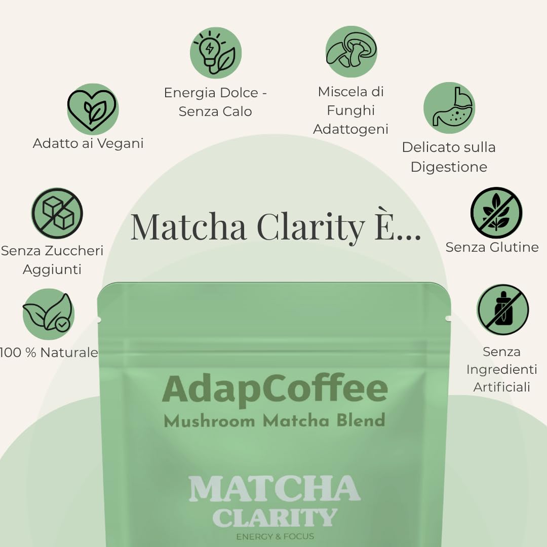 Matcha Clarity – Tè Matcha Cerimoniale con Funghi Adattogeni – Lion’s Mane, Reishi & Maitake – Energia Naturale & Concentrazione – Vegano, Senza Zuccheri Aggiunti – 25 Tazze (100 g)