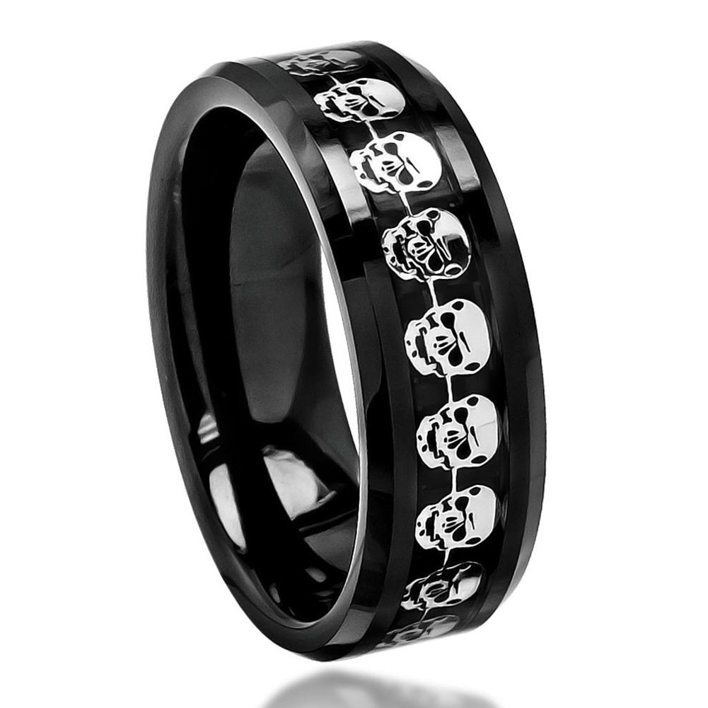 8mm - Man or Ladies - Ceramic with Cut-Out Skull Over Black Carbon Fiber Inlay Wedding Band Ring