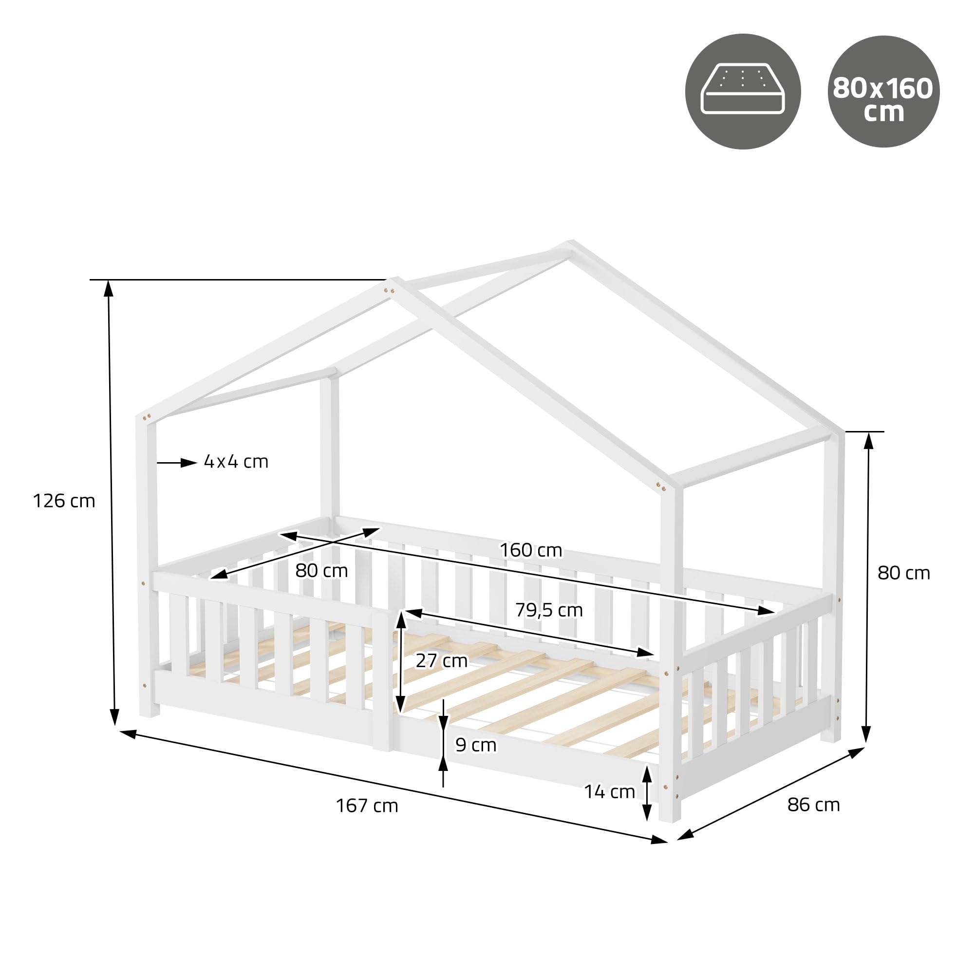 ML-Design Letto a Casetta per Bambini 80x160 cm Bianco in Legno Massello di Pino con Materasso Sponda di Sicurezza e Tetto, Lettino Montessori Basso a Terra per Bambine, Arredamento Cameretta