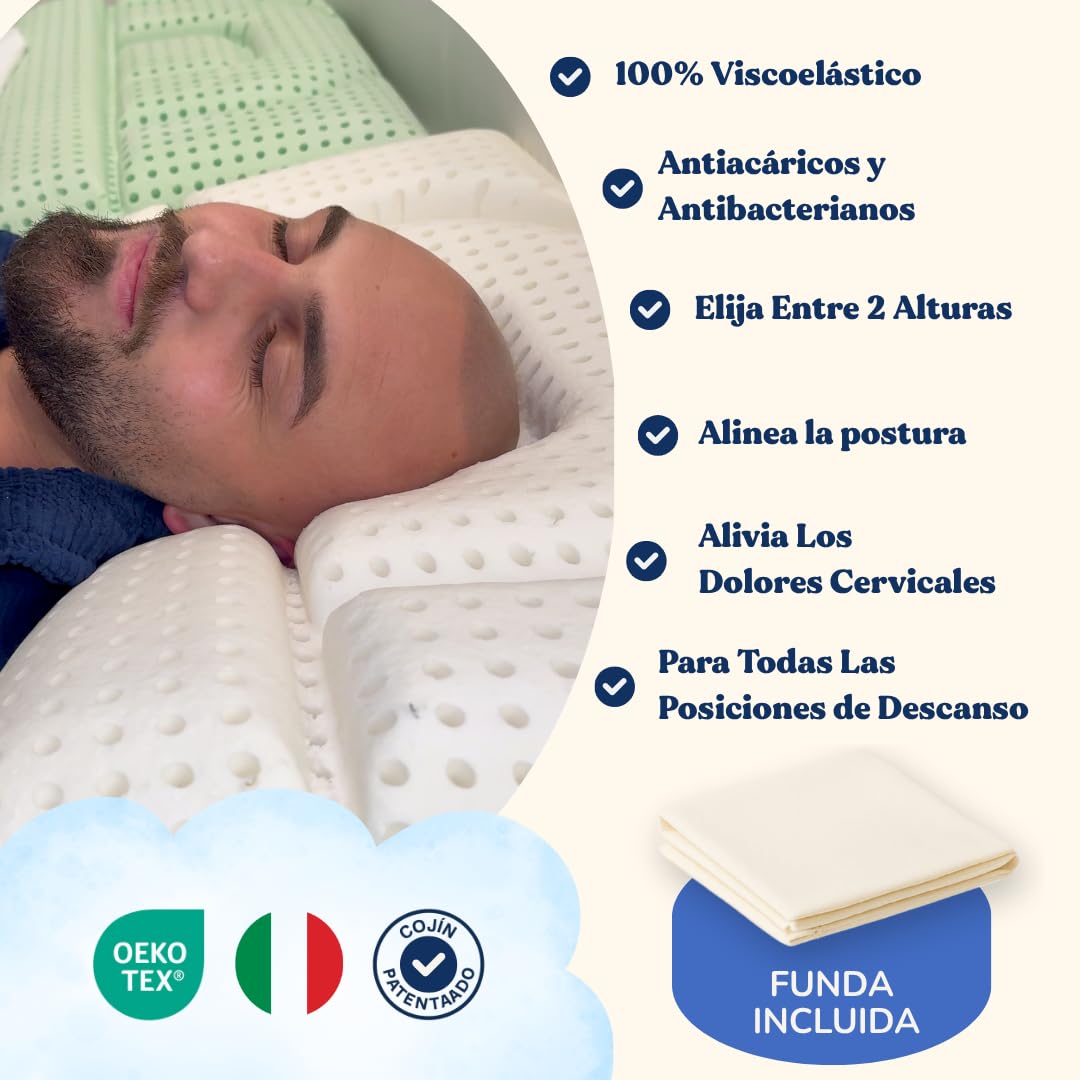 Almohada cervical de espuma viscoelástica – Almohada ortopédica patentada con dos alturas – Alivio del dolor de cuello – Transpirable, antiacaros, hipoalergénica, antirronquidos (Baja - 12 Cm) | Cojín ergonómico transpirable (70 x 40 cm) | Disponible en a