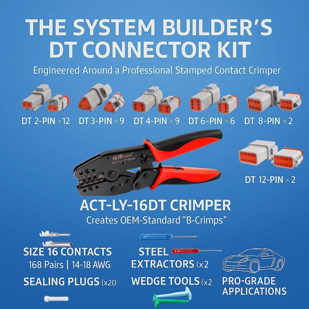 JRready Deutsch Connector Kits ST6303: 2 3 4 6 8 12 Pin DT Connector Kit IP67 Waterproof with Deutsch Crimper ACT-LY-16DT, Stamped Contacts Size 16 for Automotive, Truck, Boat Repairing