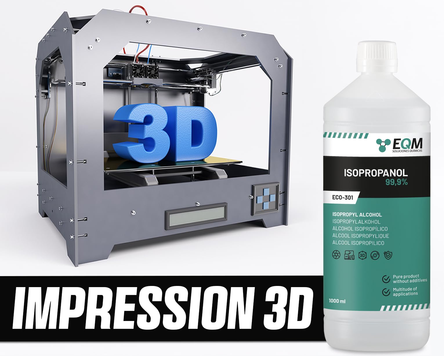 EQM - ECO-301 - Alcool Isopropylique Pur à 99,9% - 3x1L - Nettoyage de composants électroniques, objectifs et écrans - Nettoyage des résines d'impression 3D