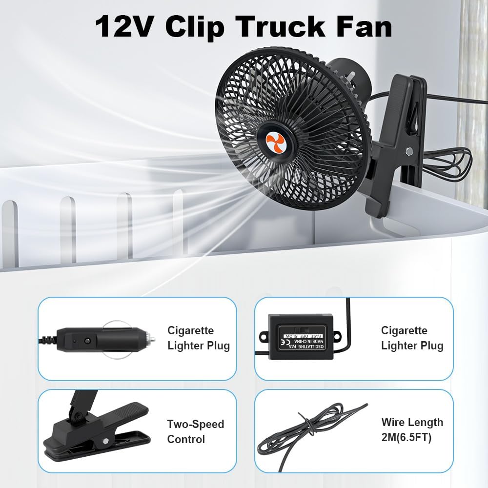 12 Volt Oscillating Fan, Portable Car Fan Wide-Bound Cooling Ventilation, Car DC Clip Fan, Truck, RV, Automotive 12v Fan
