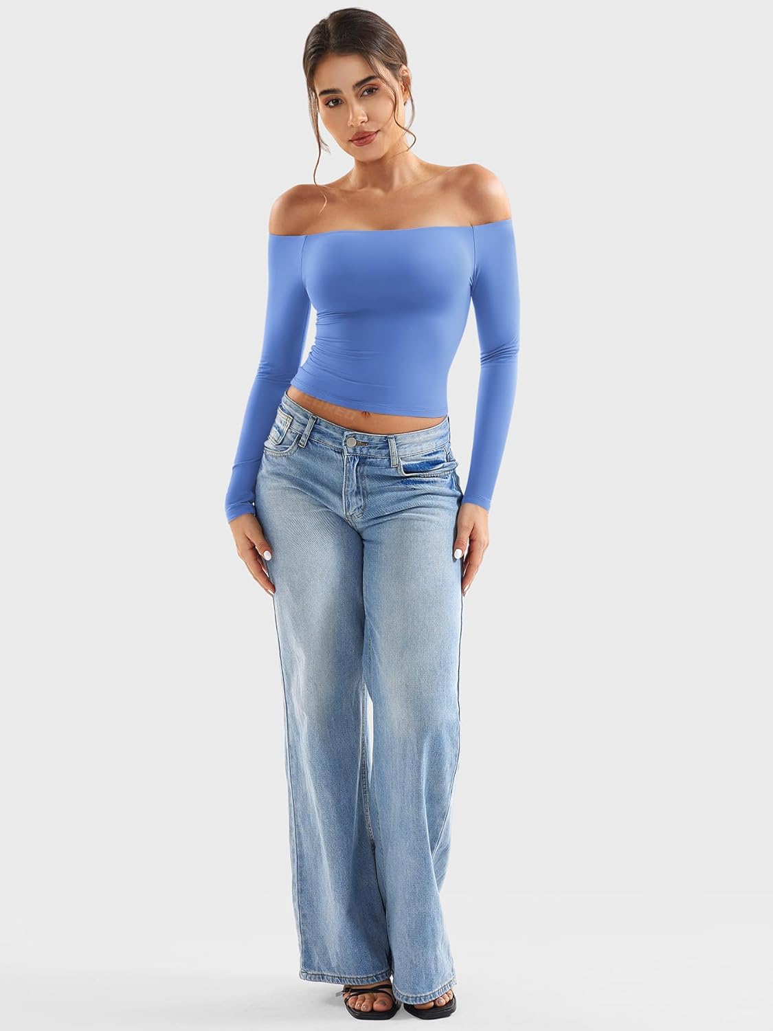 YEOREO Sophie Women Off Shoulder Long Sleeve Shirts Double Lined Basic Undershirt Y2K Going Out Tops - Image 5