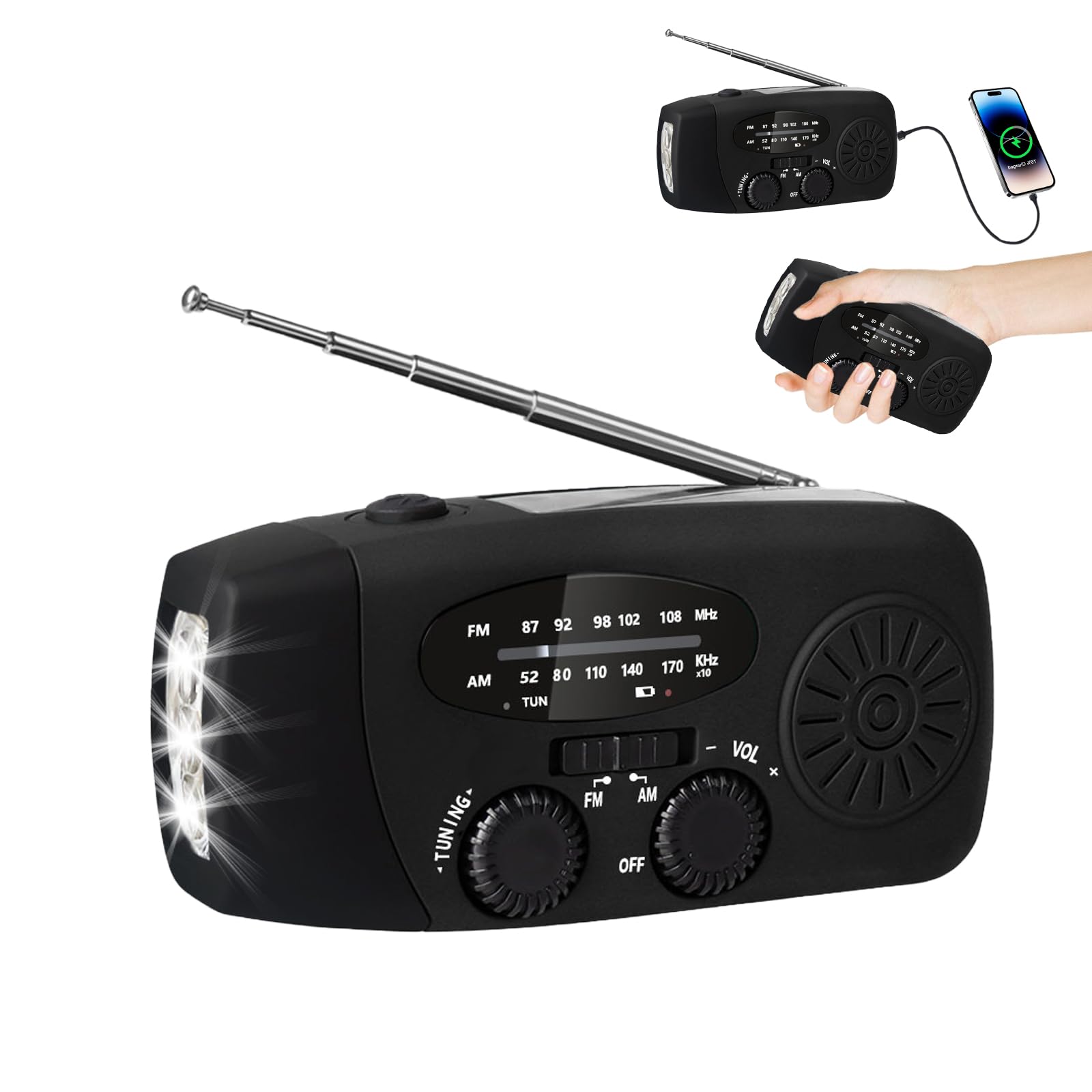 Radio A Manovella Con Torcia LED E Pannello Solare – AM/FM/meteo, Ricarica USB, Power Bank 600 MAh, IPX3, Rossa
