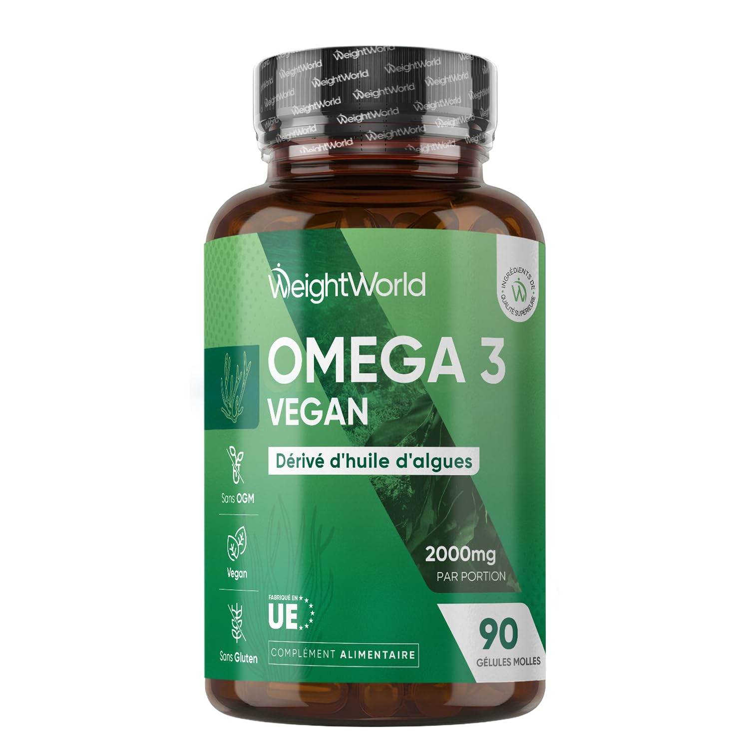 Omega 3 Vegan - Huile d'Algues en Gelules 2000mg Omega 3 DHA EPA - 90 Gélules Molles Vegan sans Huile de Poisson (Fish Oil) ni Huile de Krill
