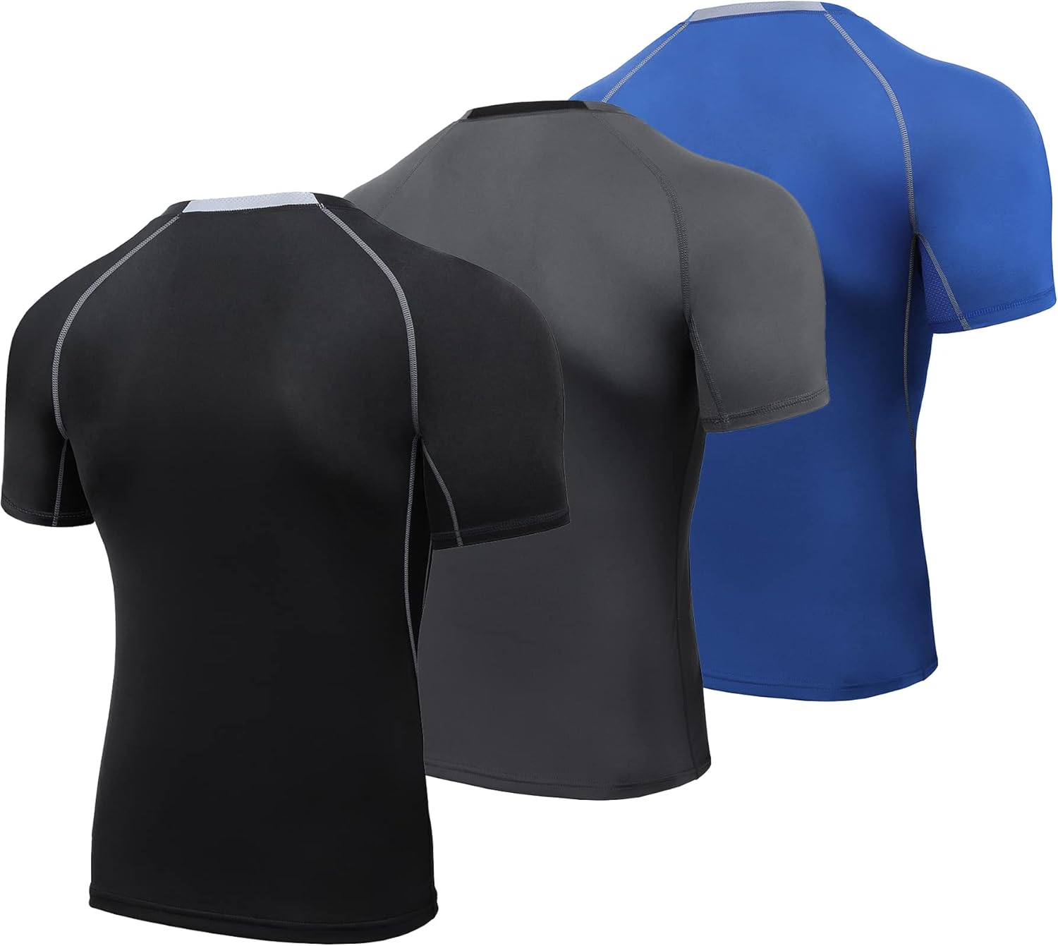 AMZSPORT 3 Pack Men's Compression Shirts, Short Sleeve Cool Dry Moisture Wicking Base Layer for Gym Running