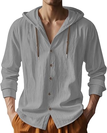 Mens Cotton Linen Hoodies Lightweight Long Sleeve Button Down Shirts Casual Hawaiian Beach Yoga Tops Sweatshirts