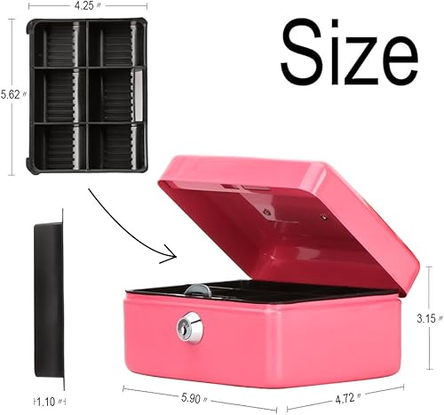 Vista 80 de Decaller - Caja de efectivo metálica con bandeja de dinero, con cerradura de llave para seguridad, rosa, mediana, 23,8 x 19,8 x 8,89 cm Rosa/Rebel