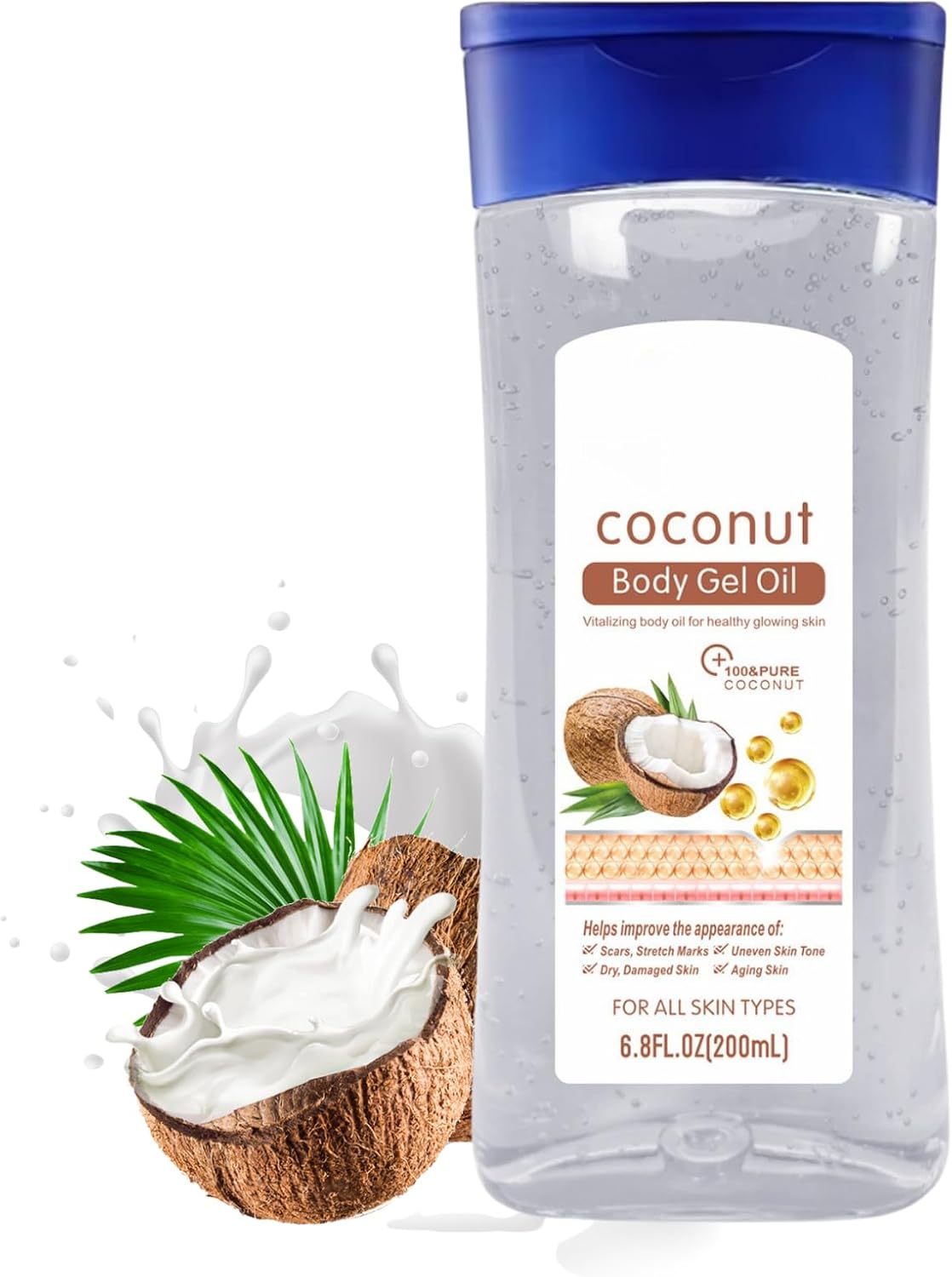 Coconut Body Oil Gel – Essential Oils for Skin, Hydrating Body Oil for Women for Dry Skin, Body Moisturiser with Collagen, Fast Absorbing Massage Oil for Glowing Skin, Scars & Stretch Marks, 200ml